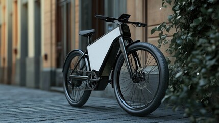 Fototapeta premium A sleek electric bike parked on a cobblestone street near greenery.