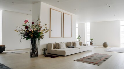 Frame mockup,  Living room wall poster mockup. Interior mockup with house background. Modern interior design.