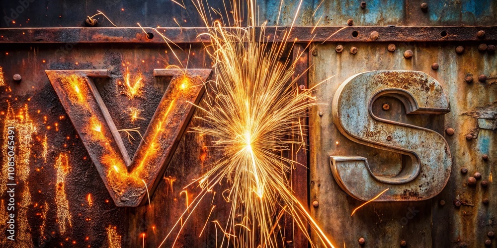 Poster minimalist photography of a rusty metal vs sign with sparks, capturing the contrast between weathere