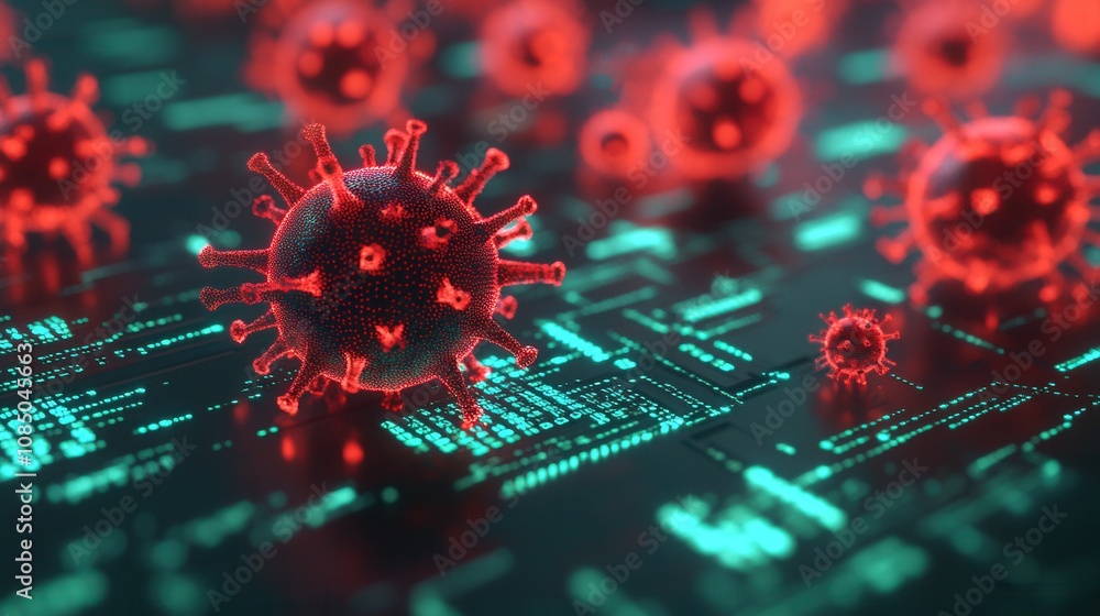 Poster a digital illustration of red virus particles on a technological background, symbolizing the interse