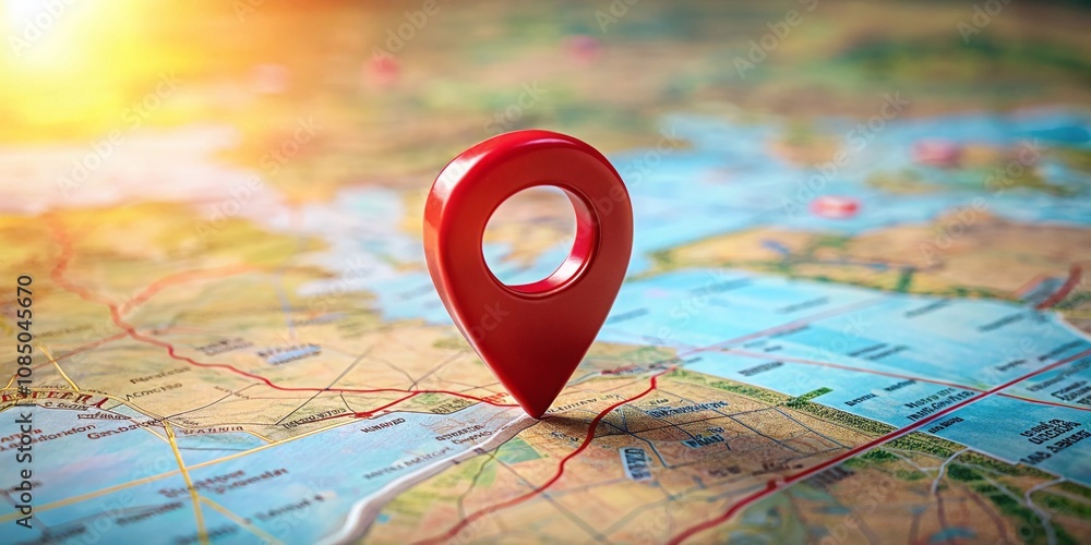 Poster minimalist red map marker on a blurred map, symbolizing navigation and exploration in a clean and si