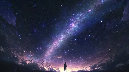 Fototapeta premium A person gazes at a vast starry sky illuminated by a colorful galaxy at twilight in nature