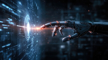 Hands of robot and human touching on big data network connection background - Generative AI