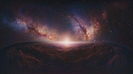 A breathtaking view of galaxies merging over a planetary horizon in the vast cosmos at night