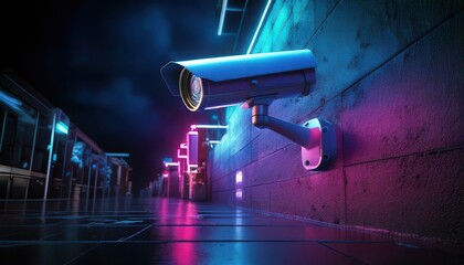 A futuristic scene featuring a surveillance camera mounted on a wall, illuminated by vibrant neon lights in a dark, urban environment.