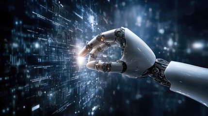 Hands of robot and human touching on big data network connection background - Generative AI
