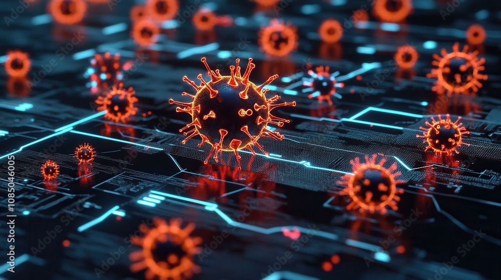 Poster a digital representation of viruses on a circuit board, illustrating the intersection of technology 