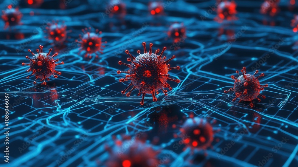 Poster a digital representation of viruses amidst a glowing network, symbolizing the spread of pathogens in