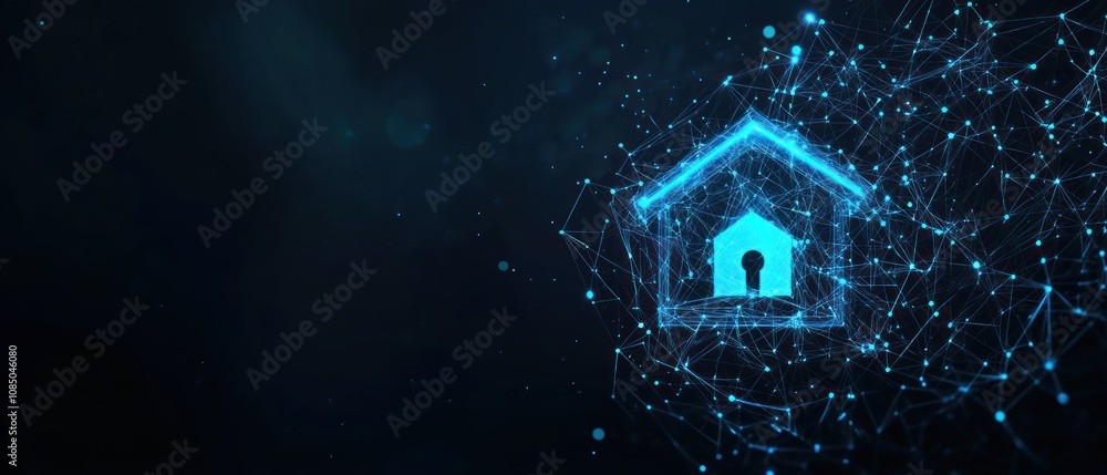 Poster digital representation of a house with a lock symbol, emphasizing security.