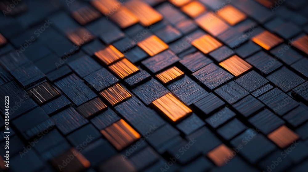 Poster a close-up of textured tiles in dark and warm tones, showcasing a geometric pattern with glimmers of