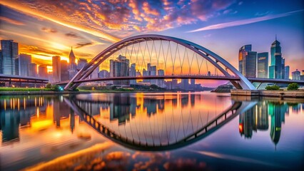 Fototapeta premium Modern Bridge Illuminated Over City Skyline at Sunrise, Capturing the Beauty of Architecture and Nature in Harmony, with Soft Pastel Hues Reflecting on Calm Waters Below