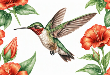 Obraz premium Ruby-throated hummingbird hovering among red hibiscus flowers