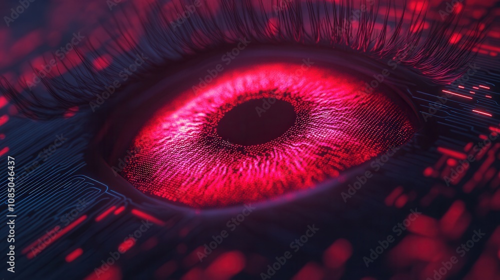 Poster a close-up of a futuristic eye with a vibrant red iris, surrounded by intricate digital patterns and