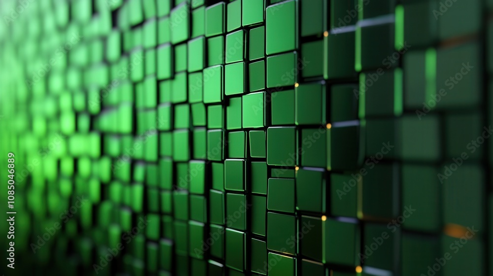 Poster a close-up view of a textured green wall composed of small, reflective squares, creating a visually 