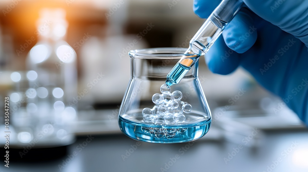Fototapete scientist using dropper to add liquid into flask with bubbles in laboratory experiment
