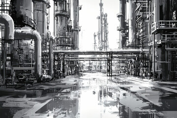 Fototapeta premium Detailed digital illustration of an industrial oil refinery featuring intricate metal pipes and equipment in a minimalistic setting
