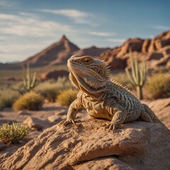 Fototapeta premium A bearded dragon basking on a warm rock in a desert-themed setup.