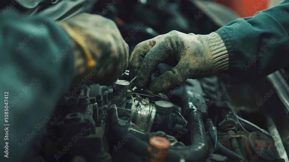 Poster close-up of hands working on a car engine in a garage setting.