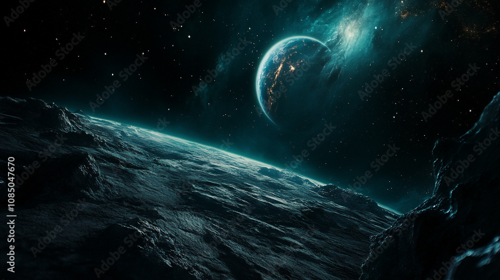 Poster exploring the distant planet surface with a breathtaking view of earth in the background