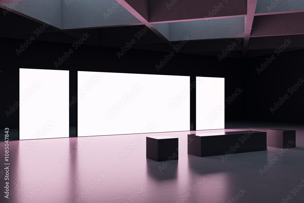 Poster Modern Exhibition Space with Blank Screens and Minimal Design. 3D Rendering