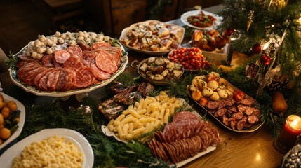 Obraz premium Table filled with various meats, vegetables, and pasta for a festive meal