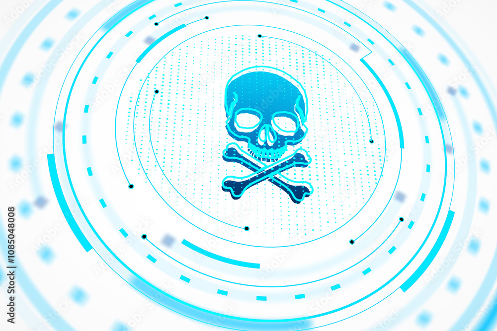 Aufkleber Blue circular abstract graphic with a skull and crossbones symbol, representing a cybersecurity malware attack warning on a white background. 3D Rendering
