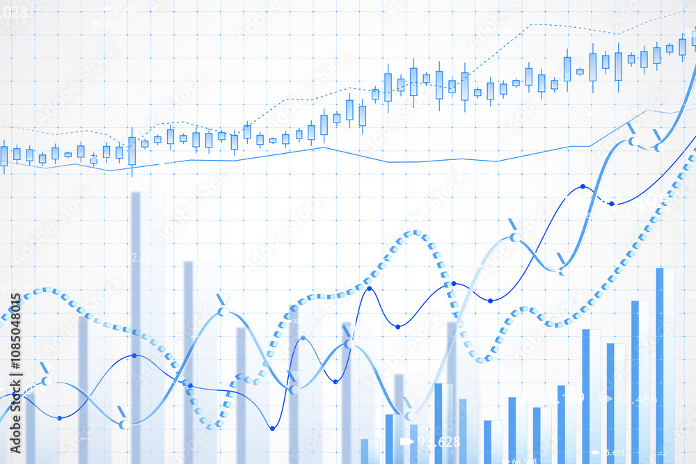 Poster Forex trading charts and financial data visualization on grid background with multiple blue lines and bars representing market trends. 3D Rendering