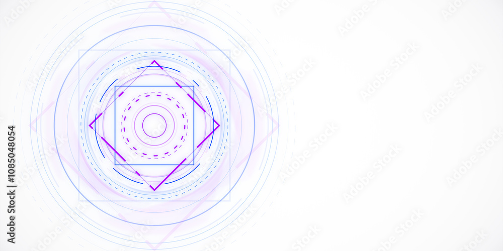 Poster Abstract geometric shapes in neon purple on a white background in a circular pattern. Concept of modern technology and minimalism. 3D Rendering