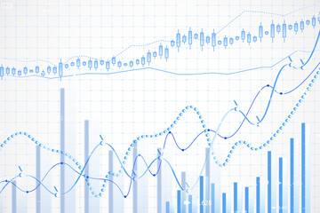 Fototapeta premium Forex trading charts and financial data visualization on grid background with multiple blue lines and bars representing market trends. 3D Rendering
