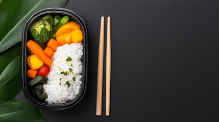 A vibrant meal featuring rice and assorted vegetables in a black container, garnished with herbs, complemented by wooden chopsticks on a dark background.