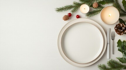 A festive dining setup featuring a white plate, silverware, candles, and seasonal decorations, perfect for holiday celebrations.
