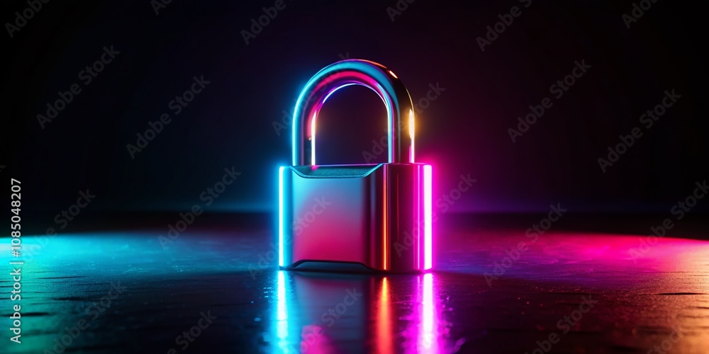 Poster neon glowing padlock on a dark reflective surface, utilizing the rule of thirds for a striking visua