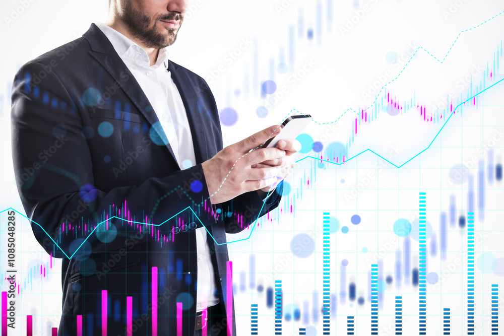 Poster businessman using a smartphone with international financial charts and graphs overlayed on a light b