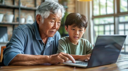 A grandfather and his grandson look at a laptop together. AI.