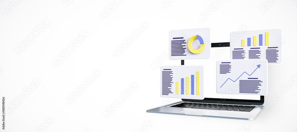 Aufkleber Laptop with floating infographic charts displaying data visualizations including bar graphs, pie charts, and line graphs on white background. 3D Rendering
