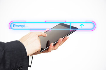 Hands holding a tablet with futuristic search prompt interface and glowing elements on white...