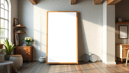 3D Render Mockup of Vintage Poster Frame in Hipster Loft