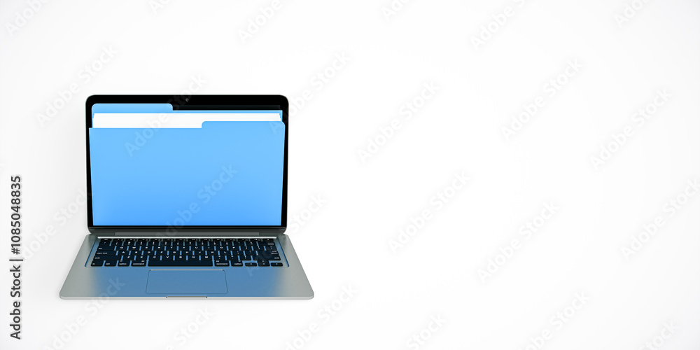 Fototapete laptop with a large blue folder icon displayed on its screen, isolated on a white background, repres
