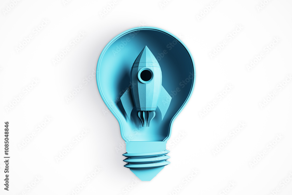 Poster Blue rocket inside lightbulb shape symbolizing a startup launch and business idea concept on a white background. 3D Rendering