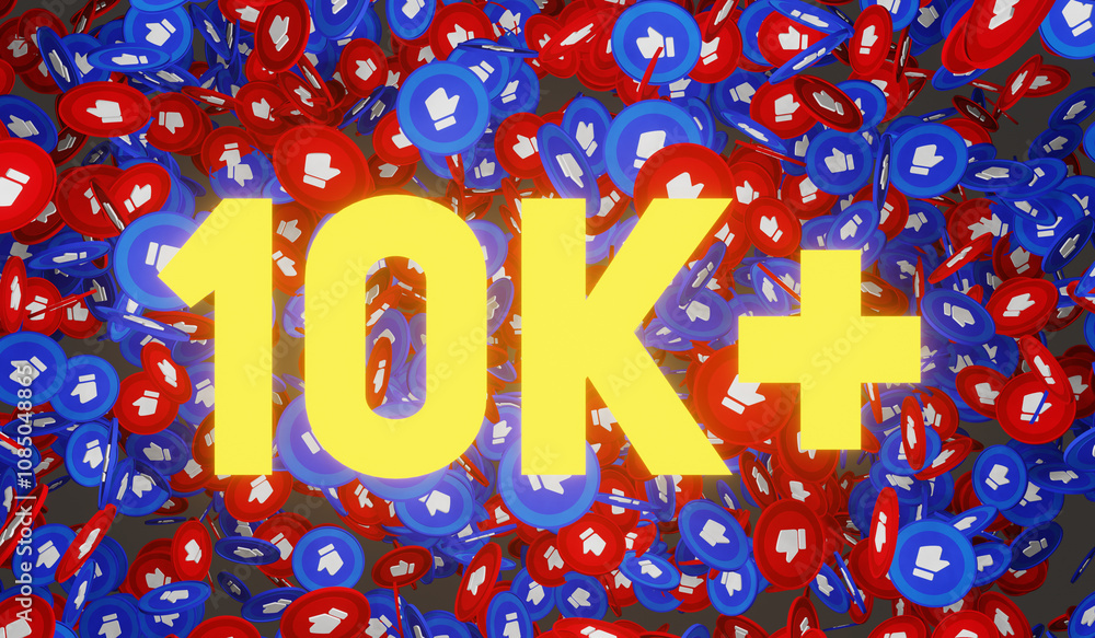 Fototapete 3d render of like icons for ten thousand number 10k+ subscribers followers like and share for social
