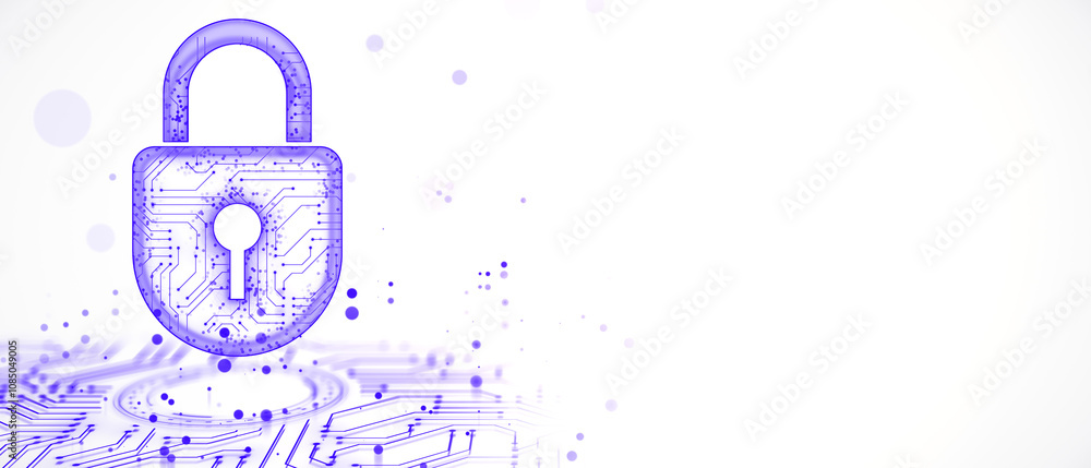 Poster Digital padlock symbol with circuit patterns, representing cybersecurity and data protection on a white background. 3D Rendering