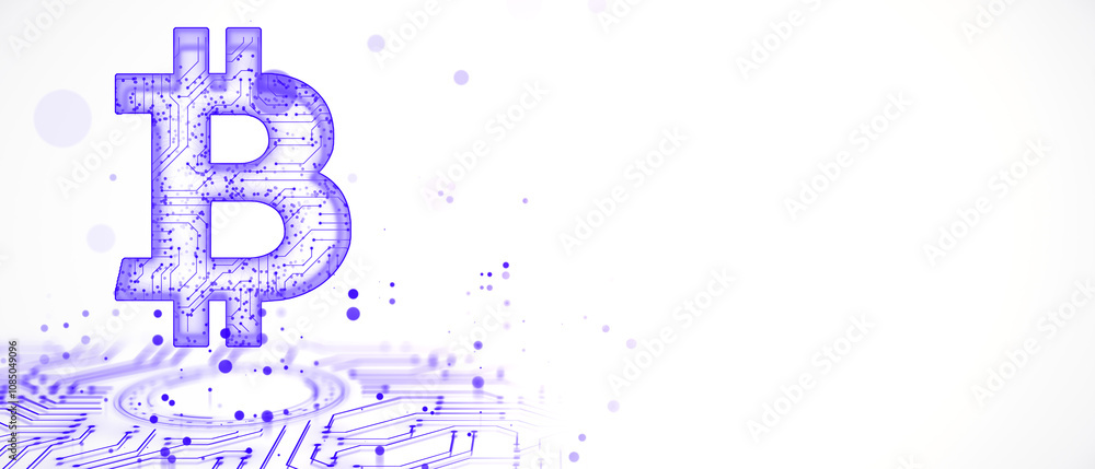 Poster Bitcoin symbol with circuit design outlined in blue on a white background, concept of cryptocurrency and blockchain technology. 3D Rendering