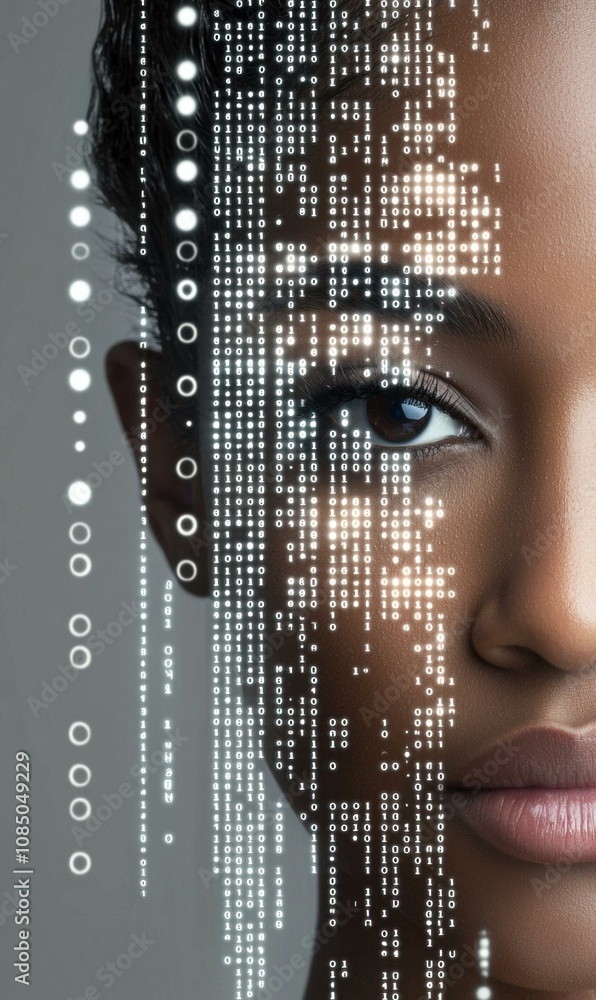 Poster a close-up of a person's eye with binary code overlayed. ai.