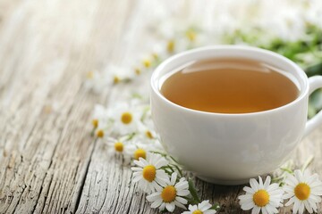 A Serene Cup of Herbal Tea Surrounded by Fresh Daisies