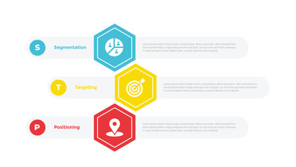 STP marketing analysis infographics template diagram with hexagon round table box outline header with 3 point step design for slide presentation
