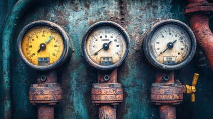 Close-up of vintage pressure gauges on industrial pipelines showcasing detailed mechanics in an isolated setting