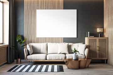 Modern minimalist living room with beige couch, wooden decor, and large blank canvas on the wall...