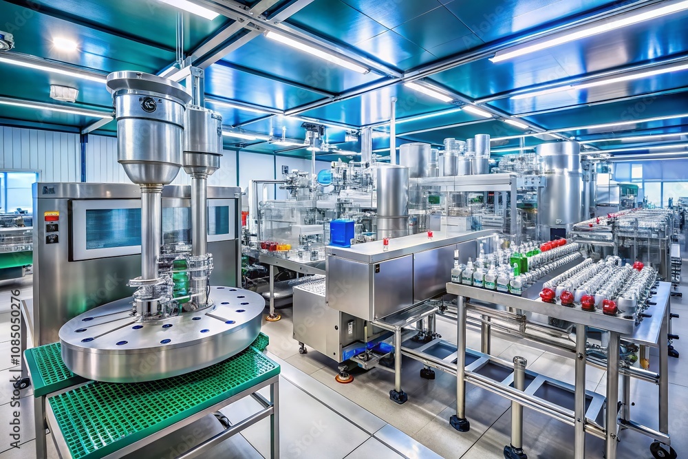 Poster panoramic view of an automated pharmaceutical filling process in a modern production facility featur