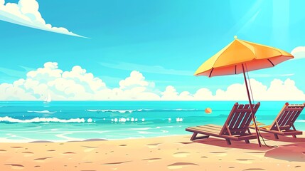 Naklejka premium A serene beach scene featuring two lounge chairs under an orange umbrella, with a clear blue sky and gentle waves.