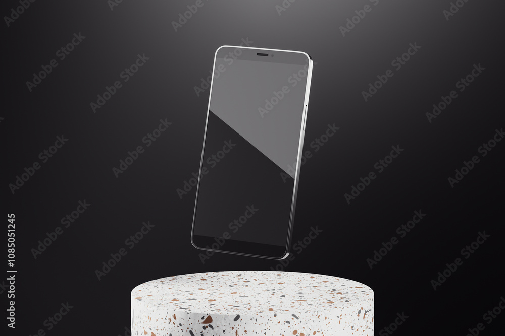 Poster Smartphone mockup presentation with sleek design on a modern terrazzo pedestal in front of a dark background. Clean and minimalistic.. 3D Rendering